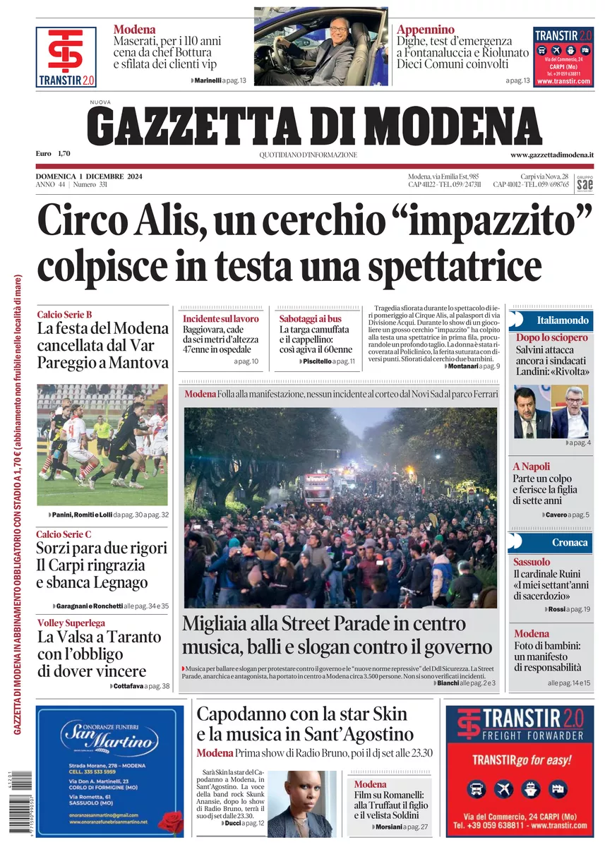 Prima-pagina-gazzetta di modena-oggi-edizione-del-2024-12-01